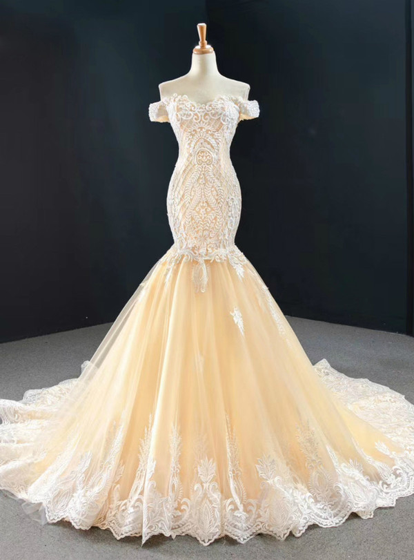 Champagne Mermaid Tulle Lace Beading Wedding Dress