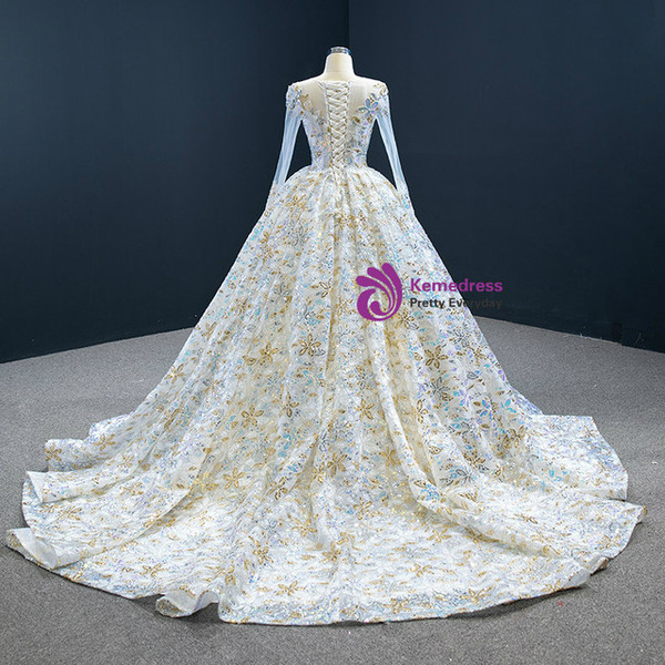 Colorful Sequins Long Sleeve Vintage Wedding Dress