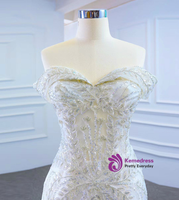 White Mermaid Tulle Sequins Prom Dress With Removable Train