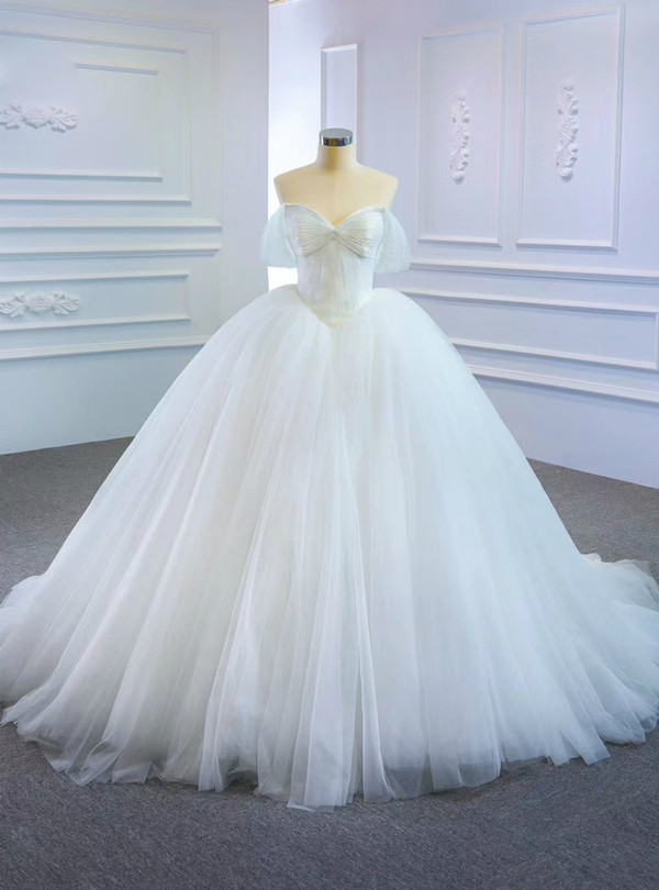White Ball Gown Tulle Pleats Wedding Dress