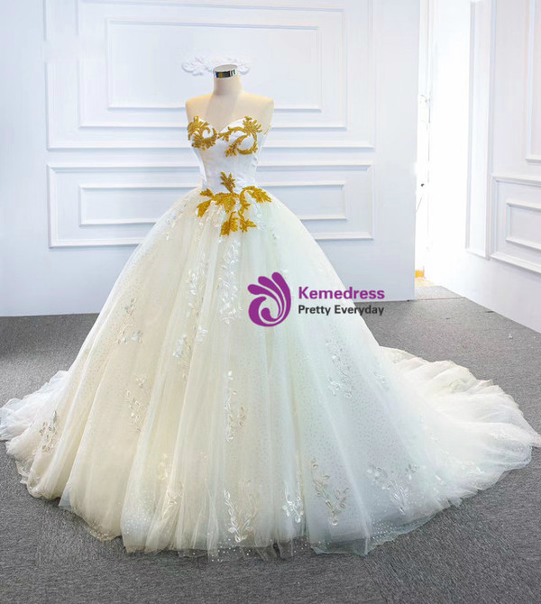White Tulle Lace Sweetheart Gold Beading Wedding Dress