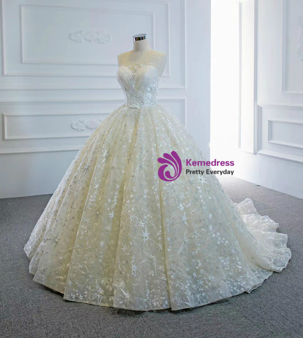 Ivory Ball Gown Tulle Lace Pleats Wedding Dress