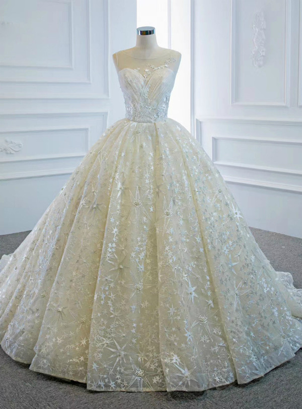 Ivory Ball Gown Tulle Lace Pleats Wedding Dress