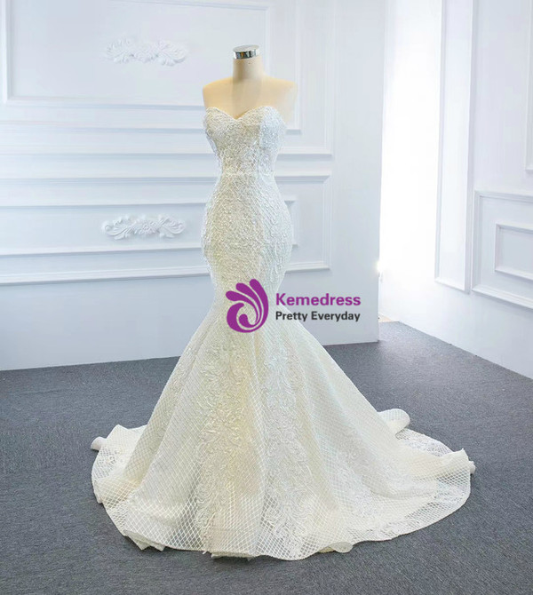 White Mermaid Lace Satin Wedding Dress With Removable Train