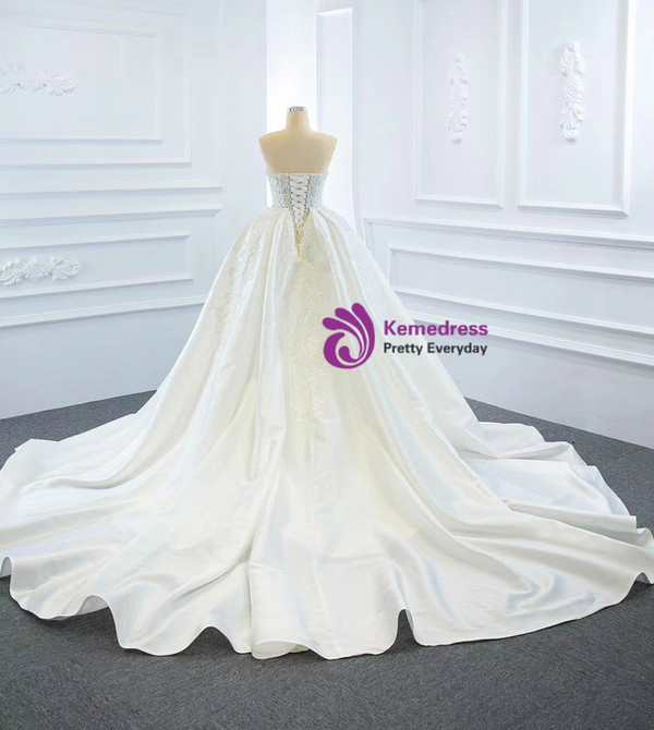 White Mermaid Lace Satin Wedding Dress With Removable Train