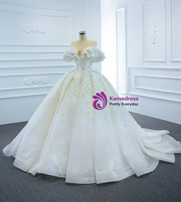 White Ball Gown Tulle Lace Beading Wedding Dress