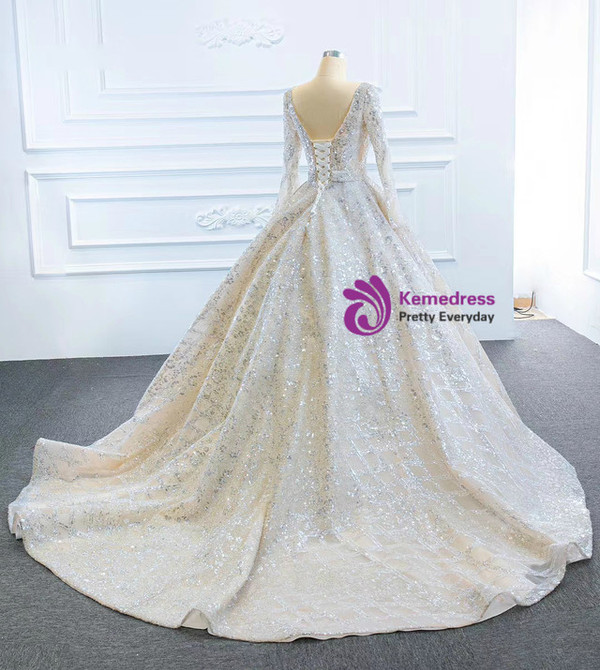 Ball Gown Tulle Sequins Long Sleeve Backless Wedding Dress