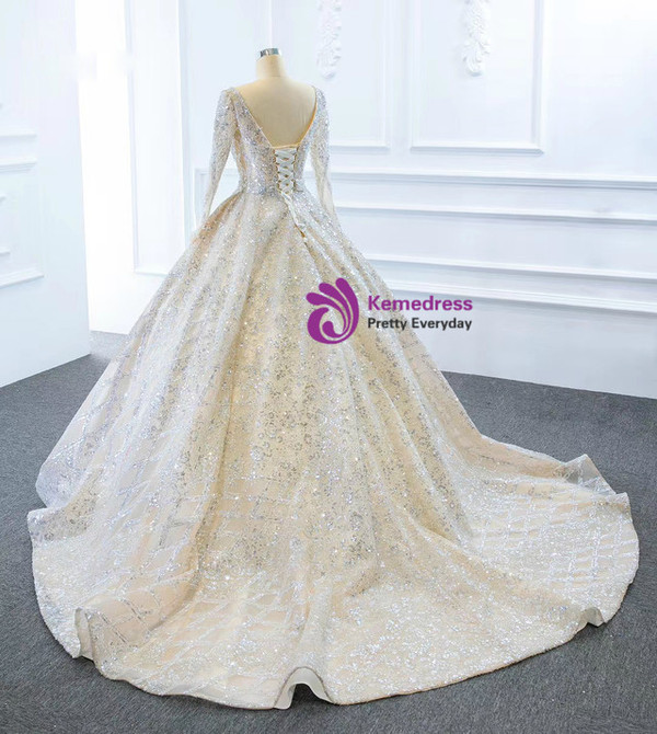 Ball Gown Tulle Sequins Long Sleeve Backless Wedding Dress