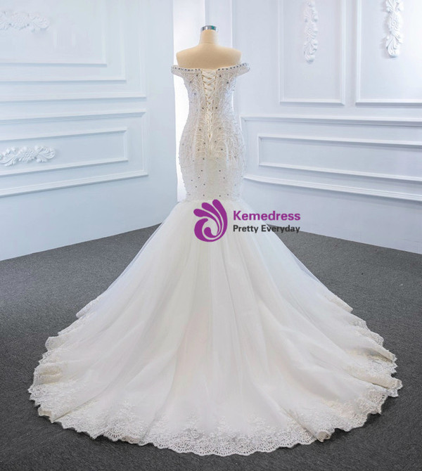 White Mermaid Tulle Lace Off the Shoulder Beading Wedding Dress
