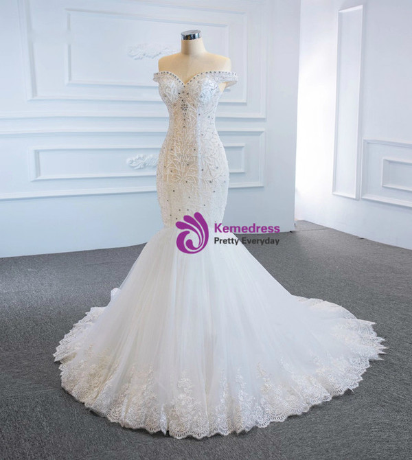 White Mermaid Tulle Lace Off the Shoulder Beading Wedding Dress