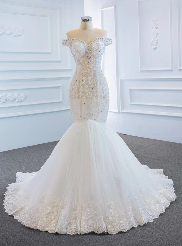 White Mermaid Tulle Lace Off the Shoulder Beading Wedding Dress