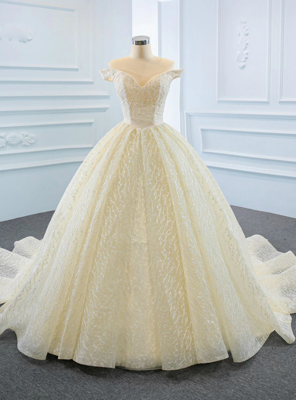 Champagne Tulle Off the Shoulder Wedding Dress