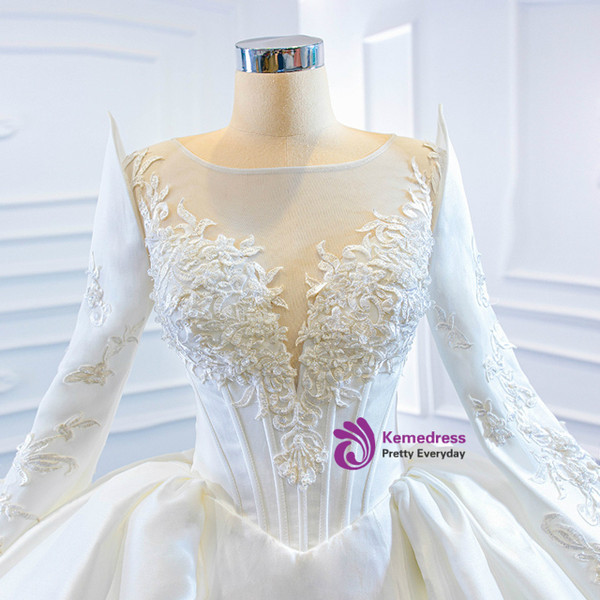 White Mermaid Satin Appliques Long Sleeve Wedding Dress
