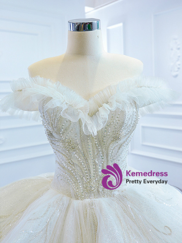 White Tulle Sequins Beading Off the Shoulder Wedding Dress