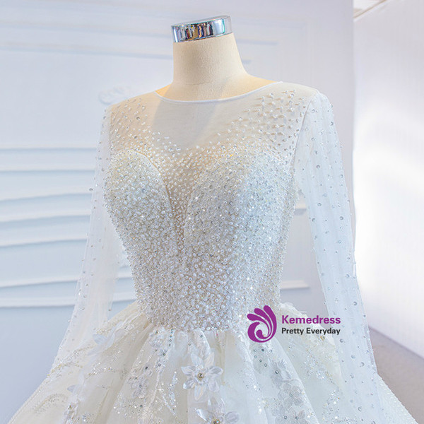 White Tulle Long Sleeve 3D Flower Beading Sequins Wedding Dress