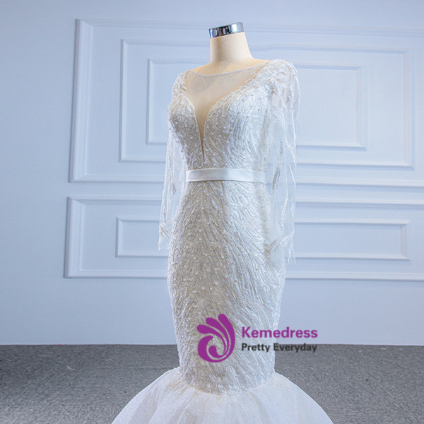White Mermaid Tulle Long Sleeve Beading Wedding Dress