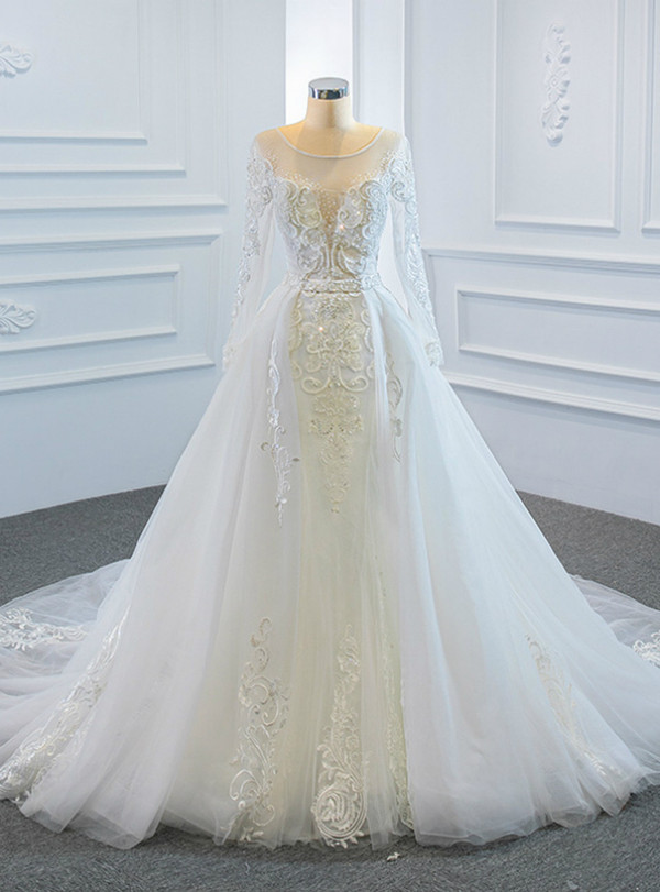 White Mermaid Tulle Long Sleeve Wedding Dress With Removable Train