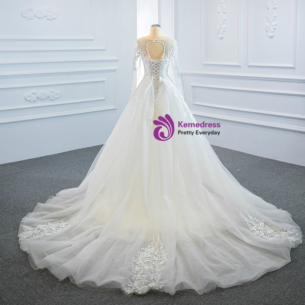 White Mermaid Tulle Long Sleeve Wedding Dress With Removable Train
