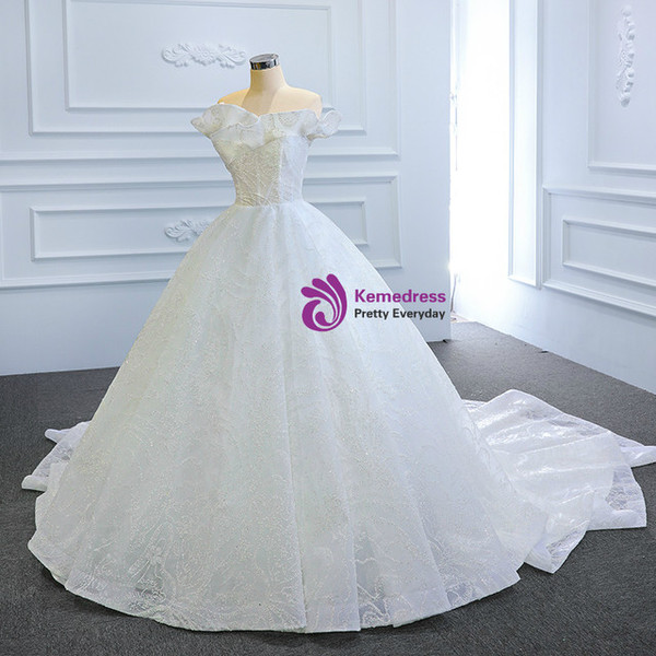 White Tulle Sequins Off the Shoulder Wedding Dress