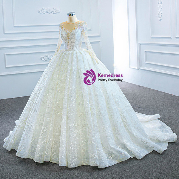 White Tulle Sequins Long Sleeve Wedding Dress