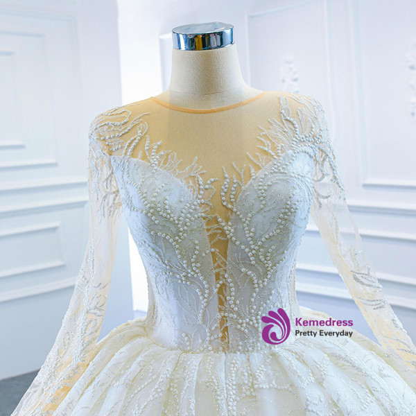 White Tulle Sequins Long Sleeve Wedding Dress