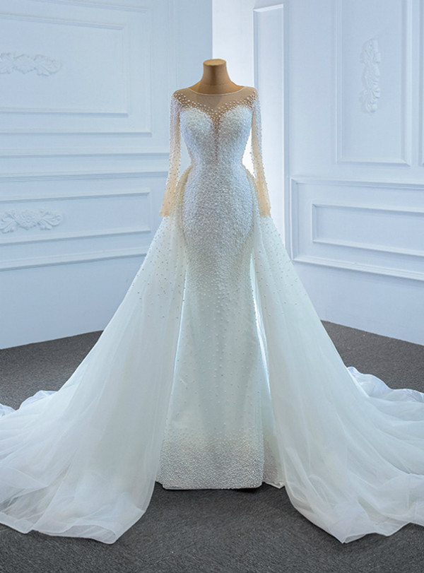 White Mermaid Tulle Long Sleeve Pearls Wedding Dress