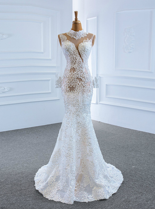 White Mermaid Lace Long Sleeve High Neck Wedding Dress
