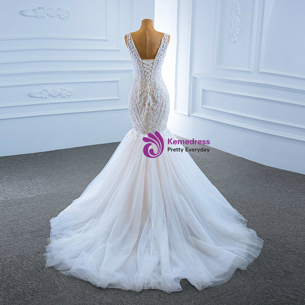 White Mermaid Tulle Lace V-neck Wedding Dress