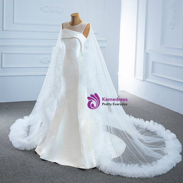 White Mermaid Satin Tulle Sleeveless Backless Wedding Dress 