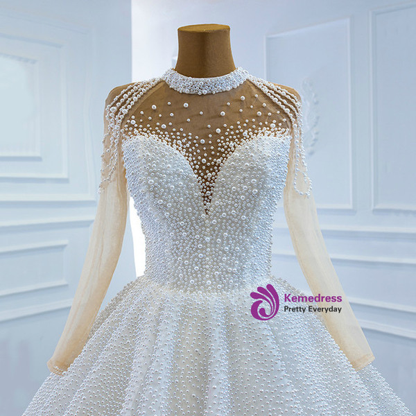 White High Neck Long Sleeve Tulle Pearls Wedding Dress