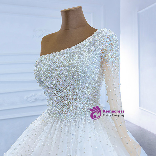Ball Gown White Tulle One Shoulder Pearls Beading Wedding Dress