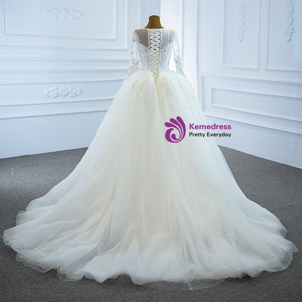 White Mermaid Tulle Lace Long Sleeve Wedding Dress With Removable Train