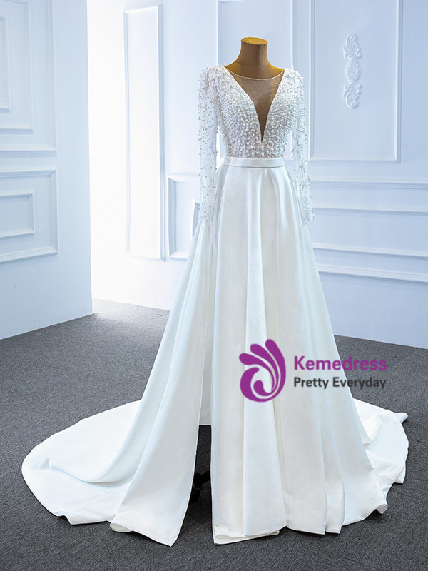 A-Line White Satin Long Sleeve Pearls Split Wedding Dress