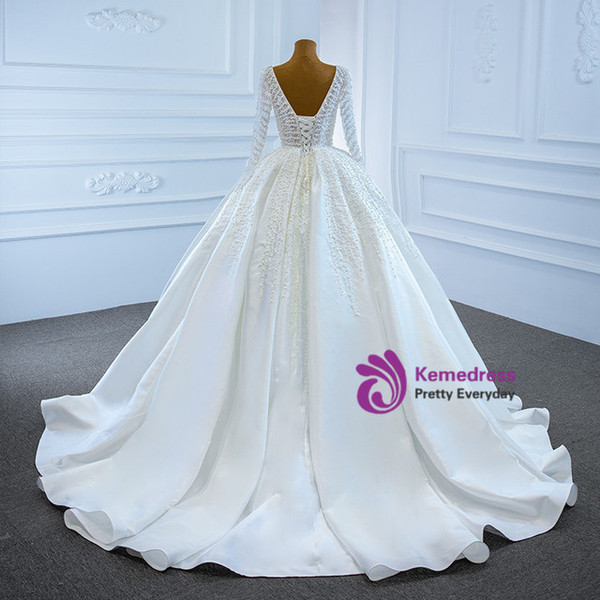 Fashion White Satin Long Sleeve Pearls Wedding Dress