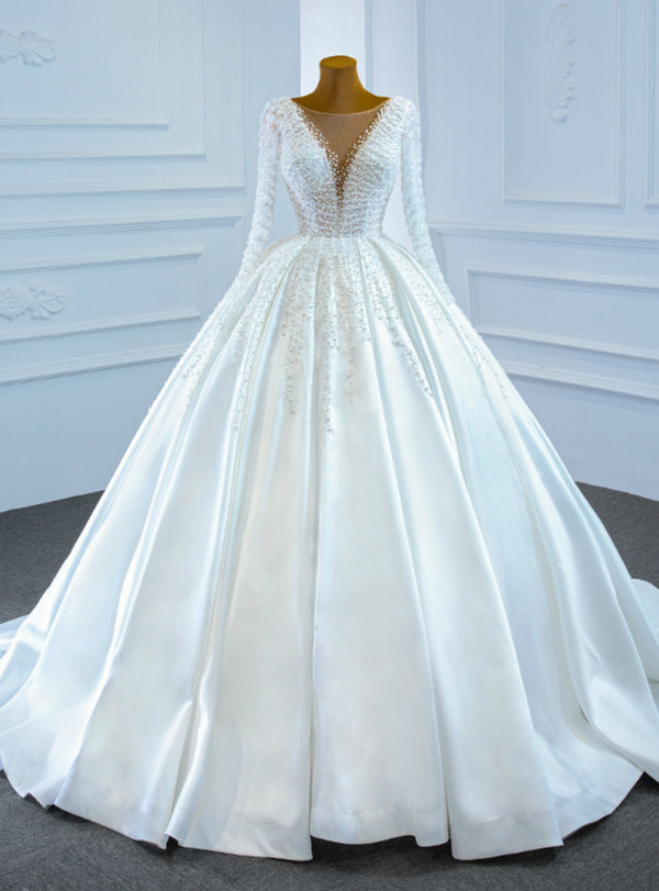 Fashion White Satin Long Sleeve Pearls Wedding Dress