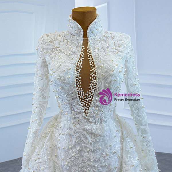 White Mermaid Tulle Backless Long Sleeve Appliques Pearls Wedding Dress