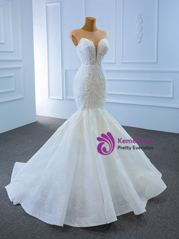 White Mermaid Lace Beading Cap Sleeve Wedding Dress