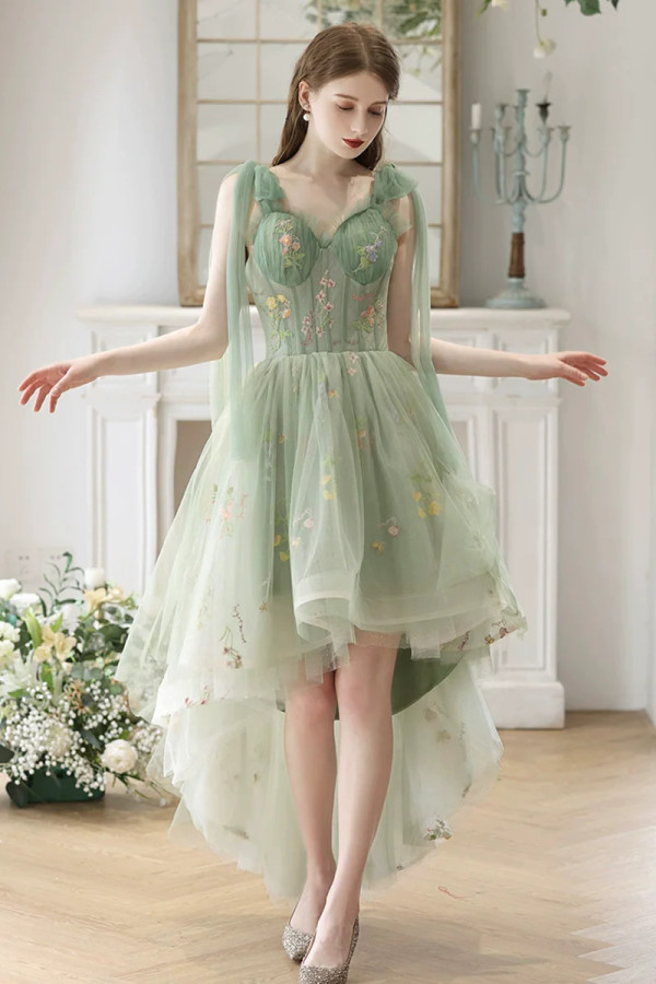 Green Tulle Hi Lo Floral Homecoming Dress