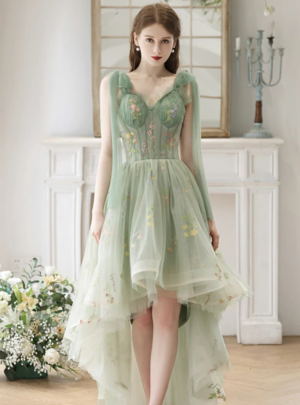 Green Tulle Hi Lo Floral Homecoming Dress