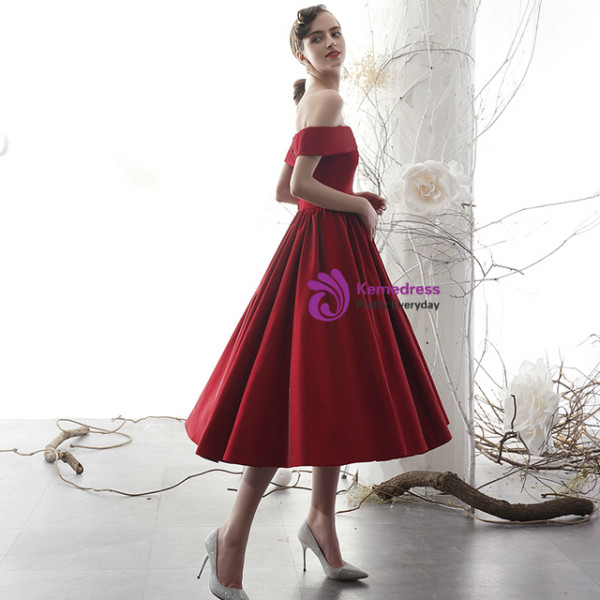 Burgundy Satin Off the Shoulder Tea Length Prom Dress