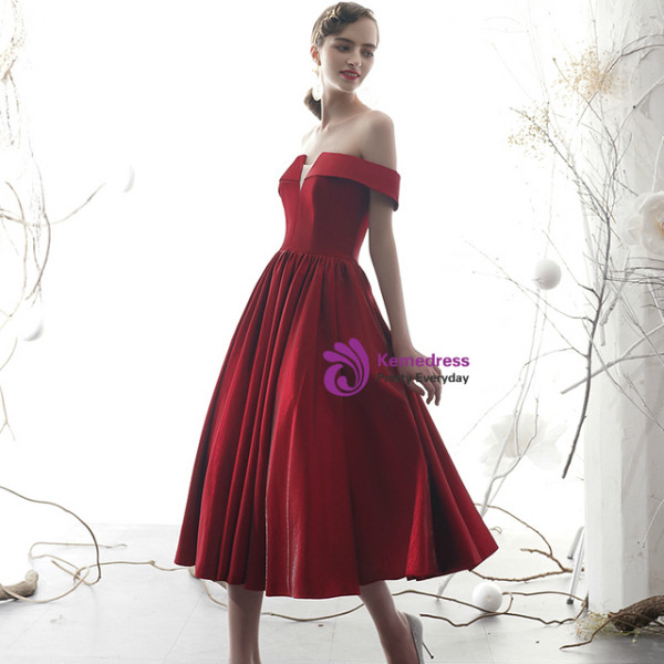 Burgundy Satin Off the Shoulder Tea Length Prom Dress