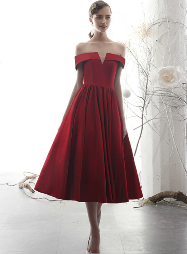 Burgundy Satin Off the Shoulder Tea Length Prom Dress