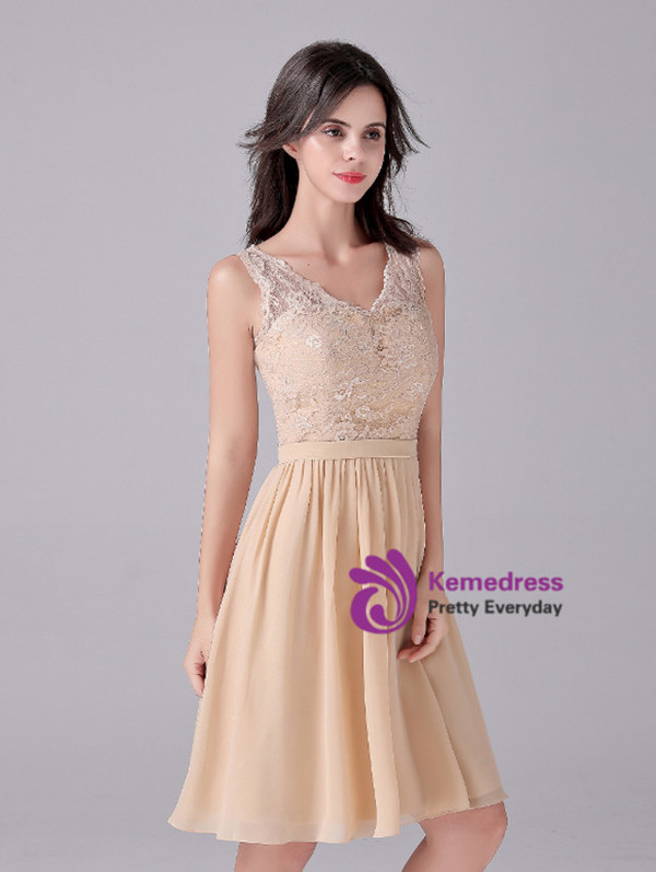 Champagne Chiffon Lace Homecoming Dress