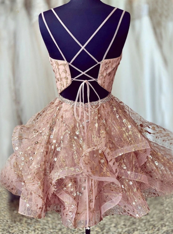 Pink Sequins Spaghetti Straps Beading Homecoming Dress