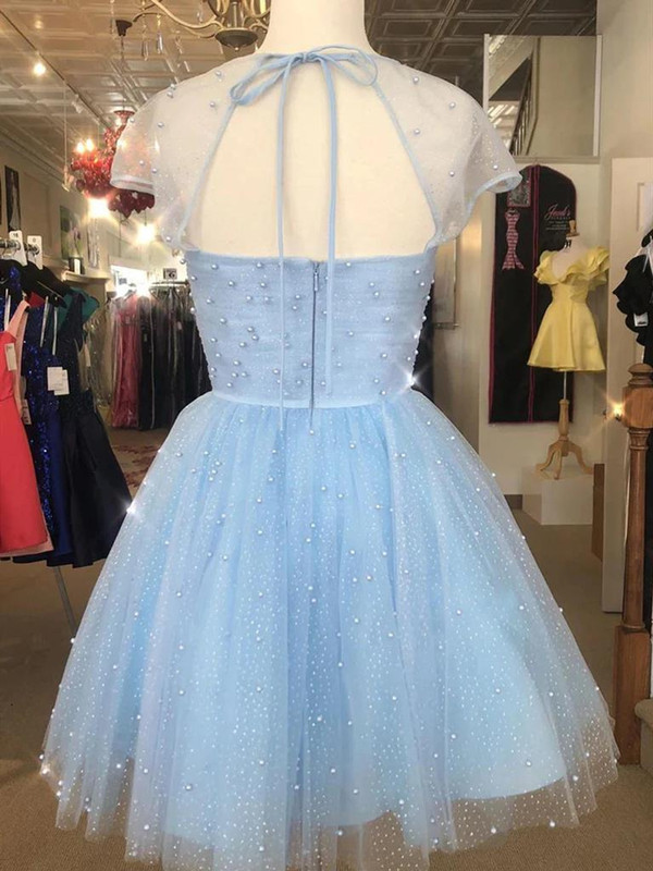 Blue Tulle Pearls Homecoming Dress