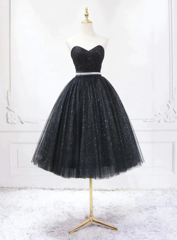 Black Tulle Sequins Sweetheart Prom Dress