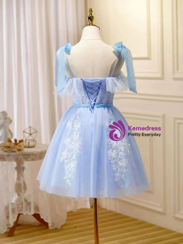 Blue Tulle Lace Appliques Straps Homecoming Dress