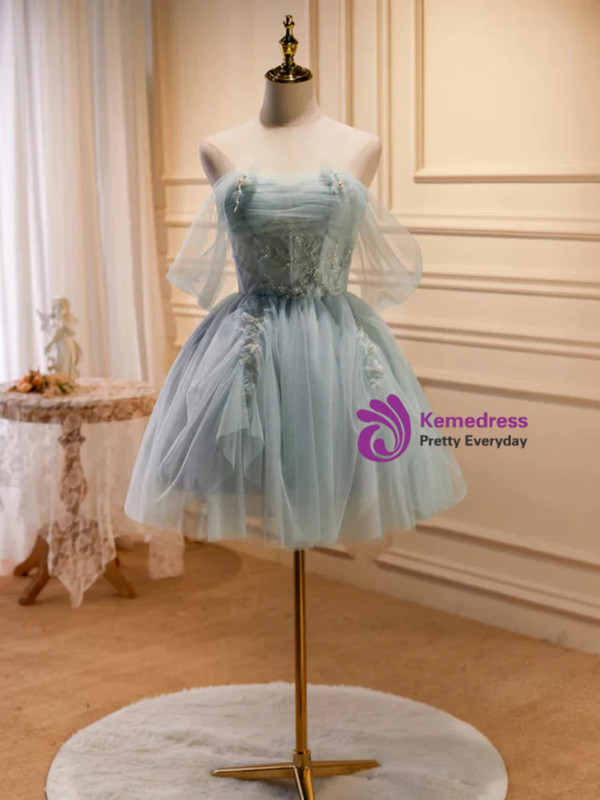 Green Tulle Off the Shoulder Appliques Homecoming Dress