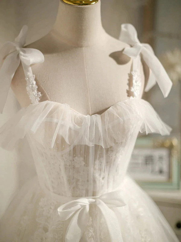 White Tulle Lace Spaghetti Straps Homecoming Dress