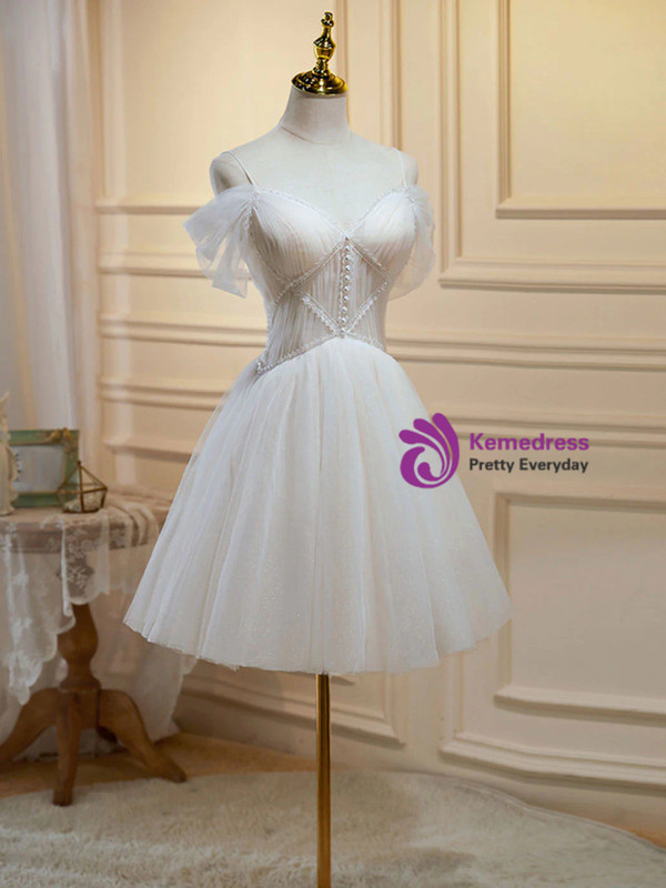 White Tulle Spaghetti Straps Pleats Pearls Homecoming Dresst